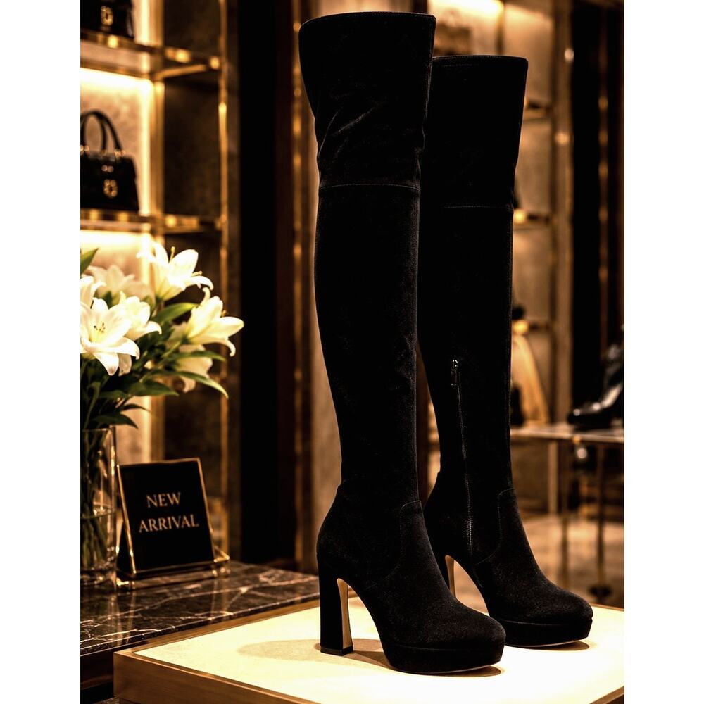 H & M Thigh High Platform Boots Stretch Faux Suede Black 10